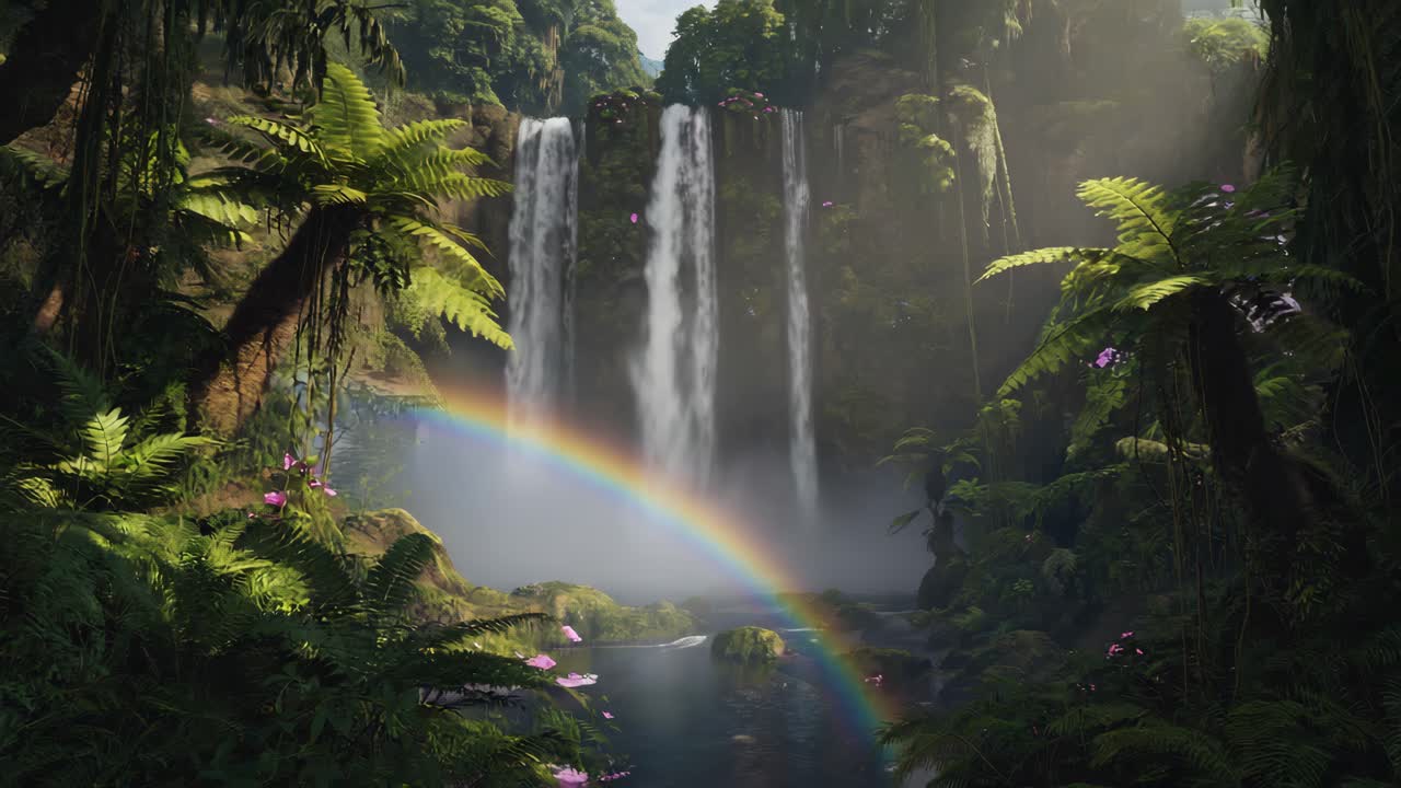 Lush Tropical Waterfall with Rainbow