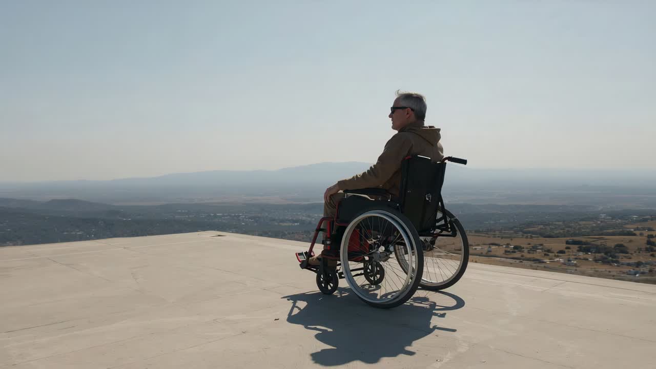 Sitting man in wheelchair gazing at valley as camera tightening, platform, hoodie, copy space