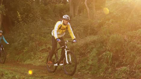 Mountain-biking-couple-riding-in-the-forest-on-a-sunny-day