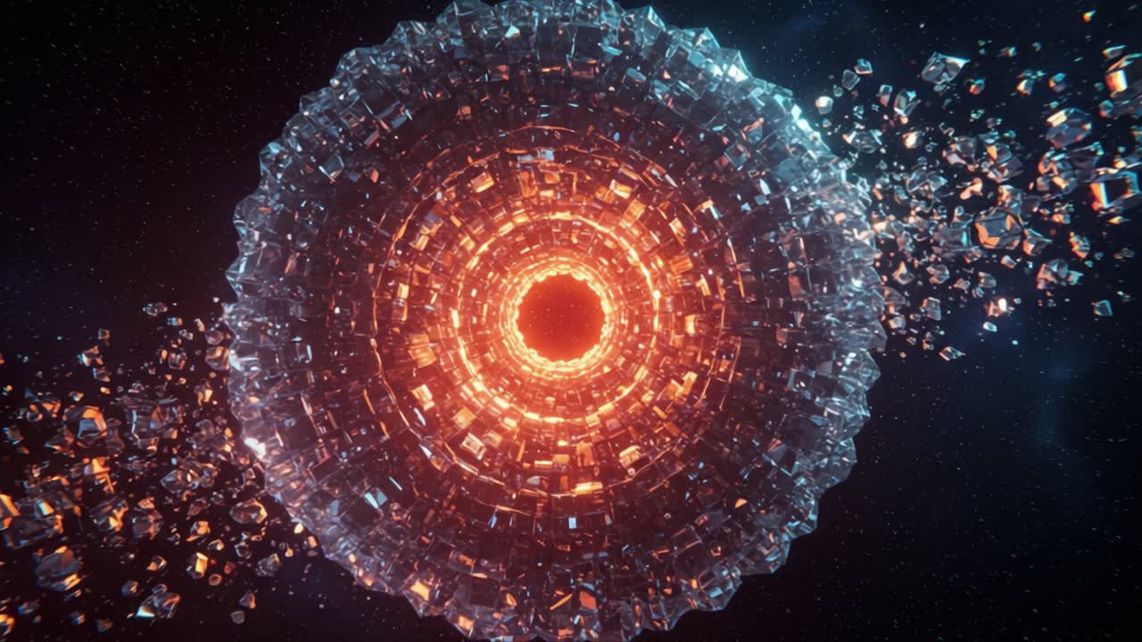 A Mesmerizing Visualization of a Glowing Circular Structure Surrounded by Shimmering Fragments that Evokes a Sense of Cosmic Wonder and Intricate Design