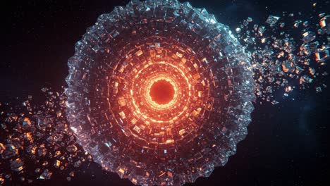 a mesmerizing visualization of a glowing circular structure surrounded by shimmering fragments that evokes a sense of cosmic wonder and intricate design