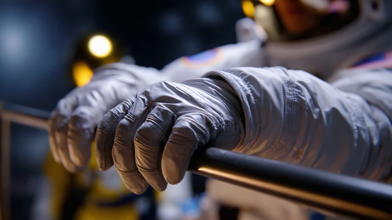 Le mani guantate di un astronauta afferrano una sbarra, incarnando concentrazione e determinazione nell'immensità dello spazio, catturando l'essenza dell'esplorazione e dell'avventura.