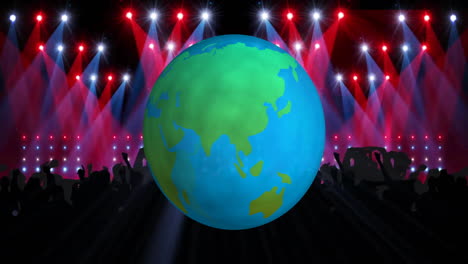 globe animation on vibrant concert stage with colorful lights and audience silhouettes
