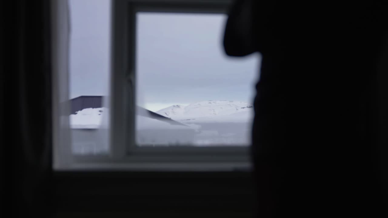 window view into the frozen countryside, screening model, Iceland