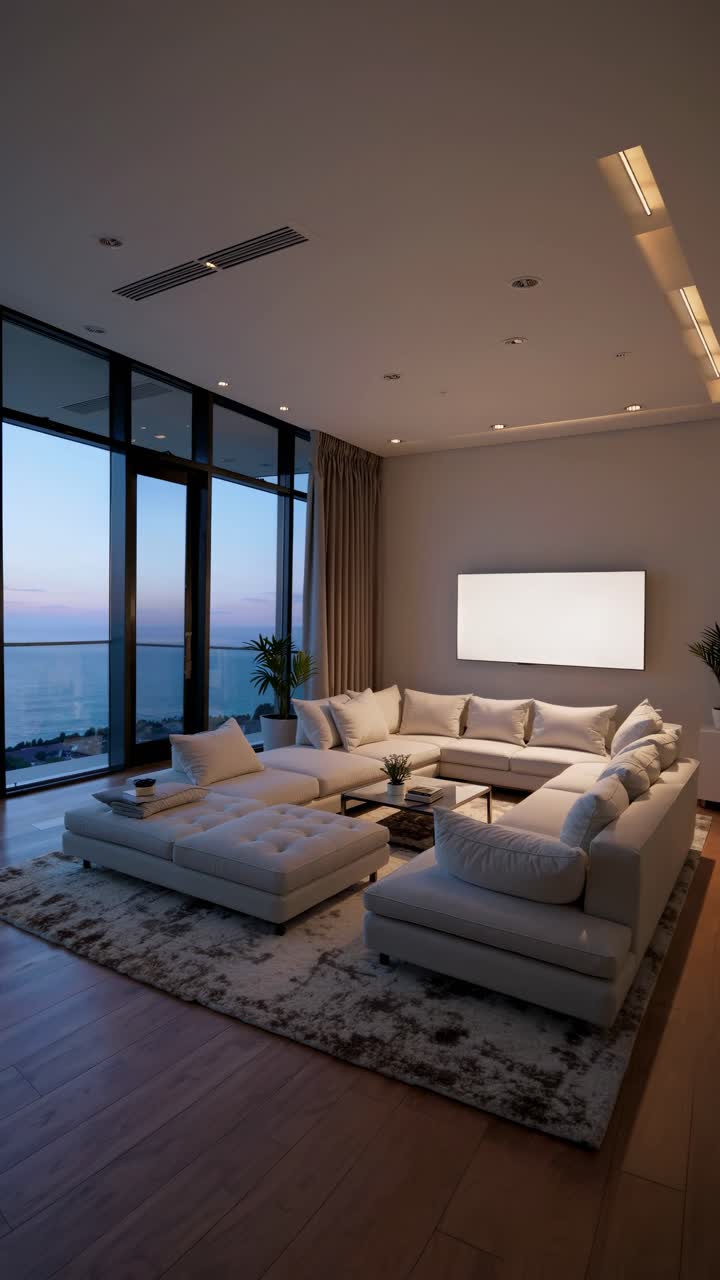 Modern living room with floor-to-ceiling windows, ocean view at dusk ...