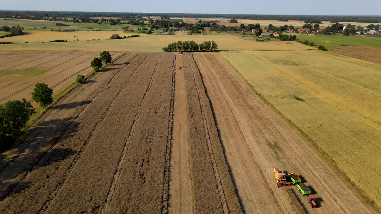 Luftaufnahme per Drohne: Ein Mähdrescher belädt an einem sonnigen Tag einen LKW auf einem Feld.