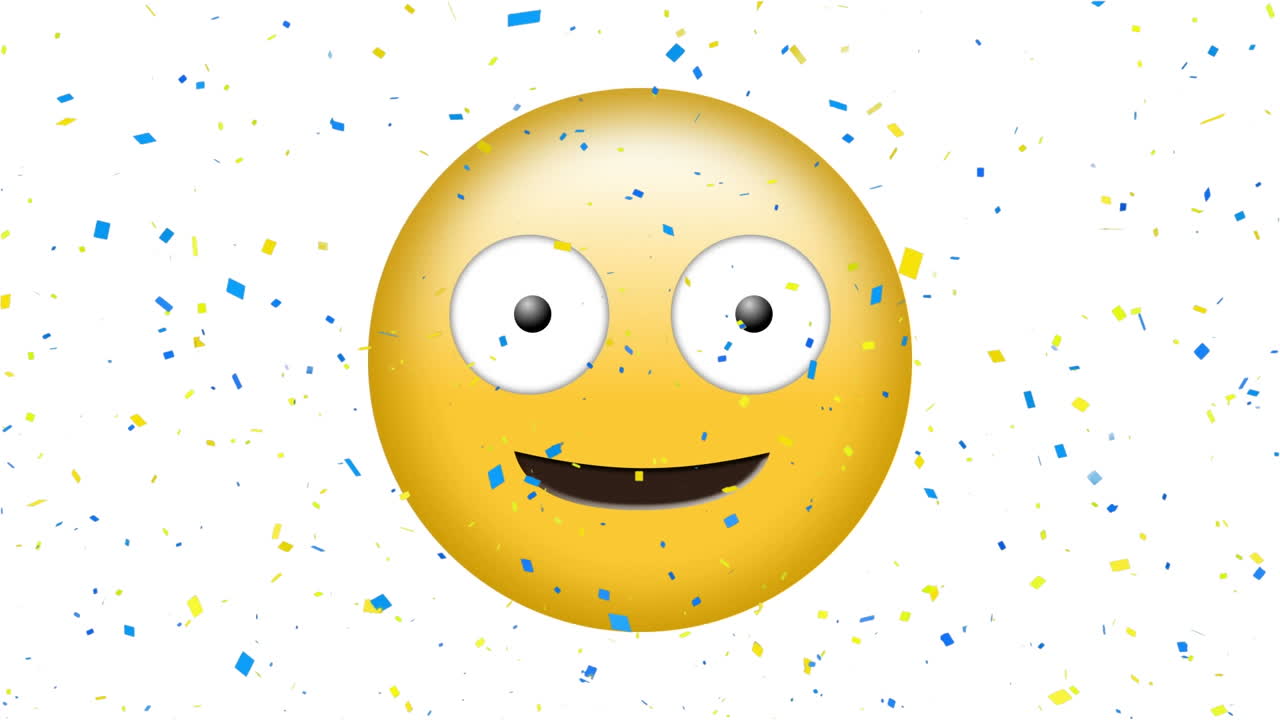 animación del icono de emoji feliz sobre el confeti que cae