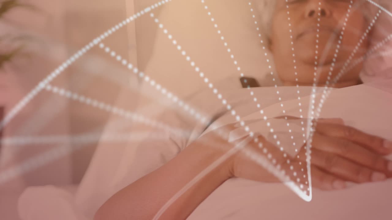 병원 침대에 있는 고령 미인 여성 환자 위에 있는 dna 줄무의 애니메이션