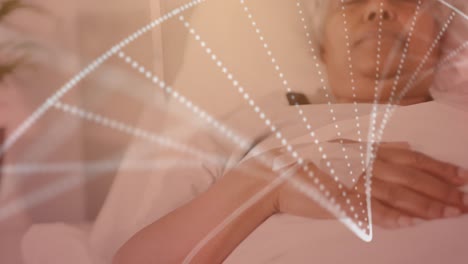 병원 침대에 있는 고령 미인 여성 환자 위에 있는 dna 줄무의 애니메이션