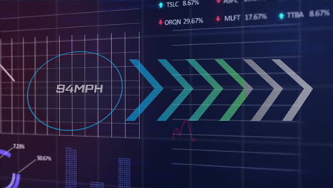 Animation-of-changing-numbers,-mph-text,-arrows,-graphs-and-trading-board-over-black-background