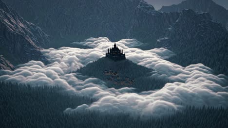 mystical mountain castle in a sea of clouds