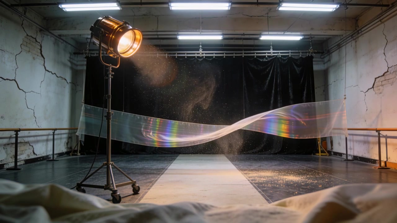 Lungo nastro di pellicola di sapone che si sposta attraverso lo studio di prova mentre un faretto si inclina creando un arcobaleno.