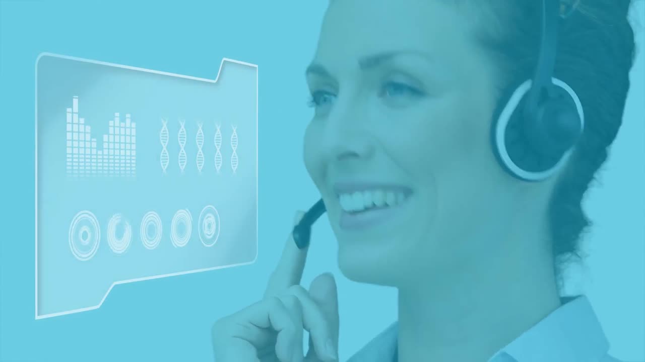 Animation of Caucasian woman wearing a headset over a computer file with statistics in it