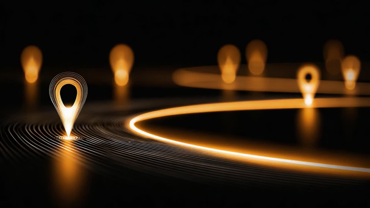 Illuminated Location Markers Emitting Light Trails in a Dark Environment, Creating an Artistic Display of Navigation and Directionality through Technology