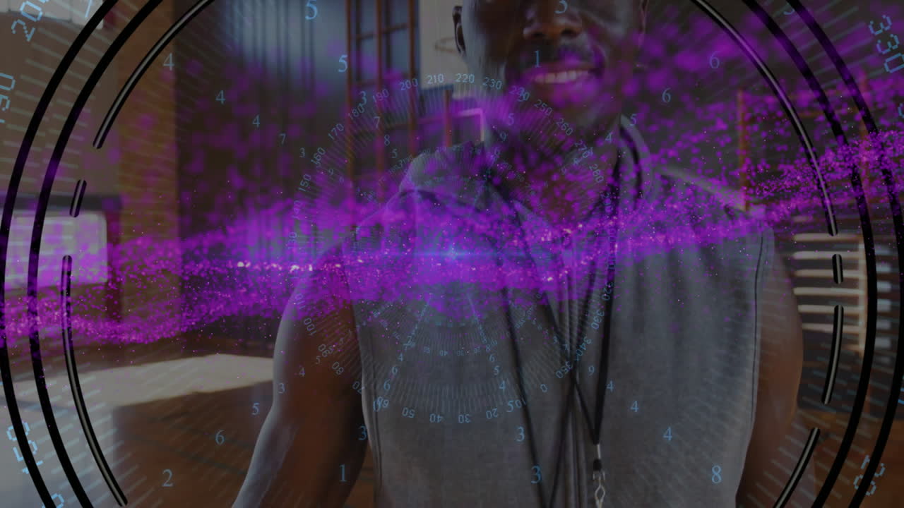 Mature man wearing shirt using tech, smiling at camera with purple particle wave and HUD graphics