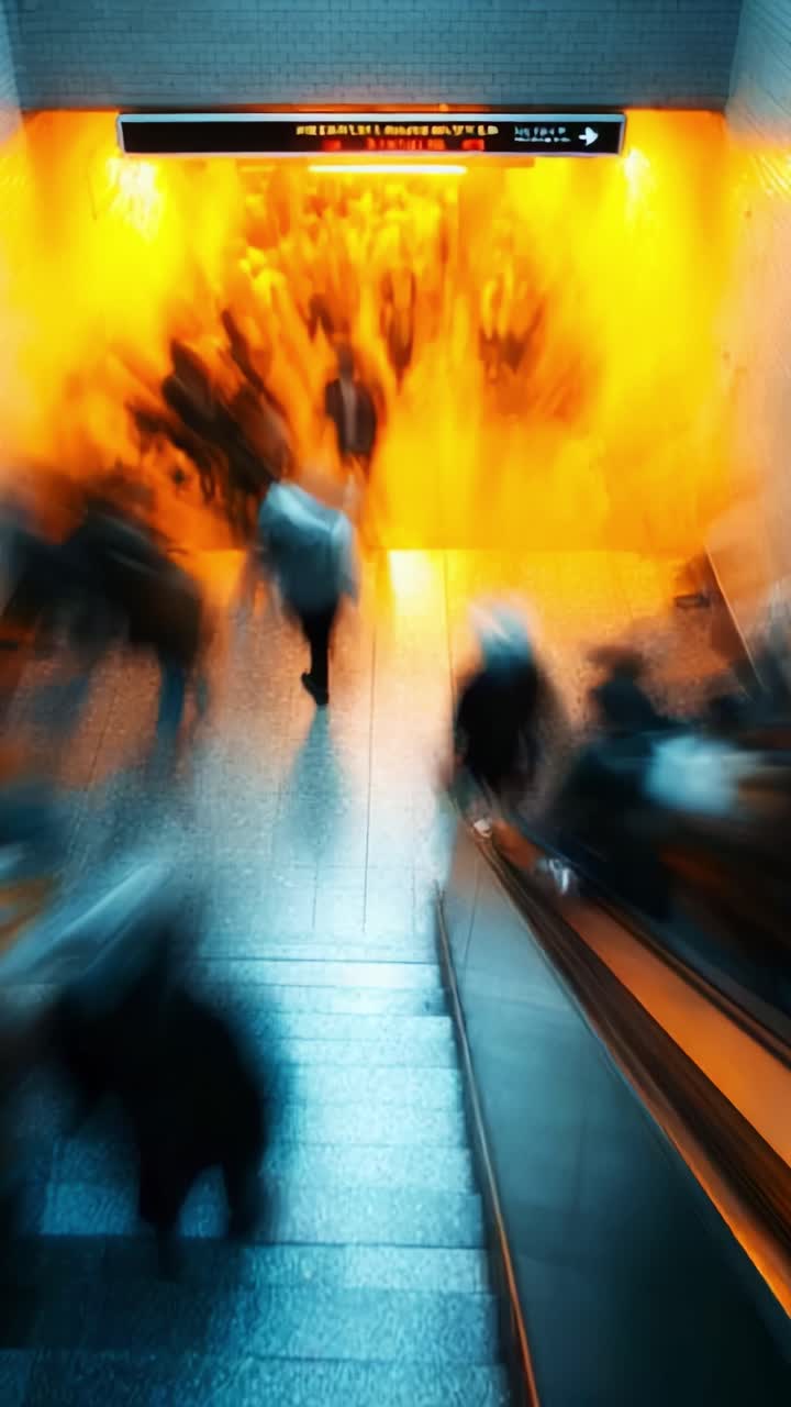 A Dynamic Flow of Movement: People Descending Stairs in a Lively Urban Setting with Vibrant Orange Lighting and Motion Blur Creating an Energetic Atmosphere