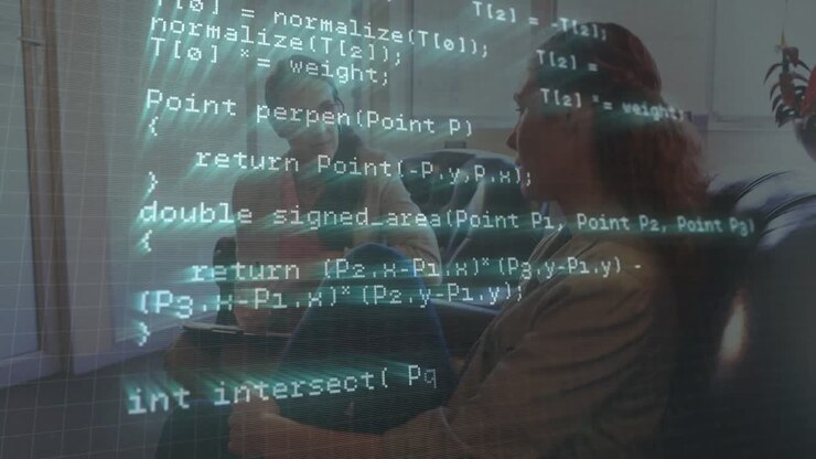 Senior mentor explaining C++ logic with code overlay appearing as junior mentee taking notes