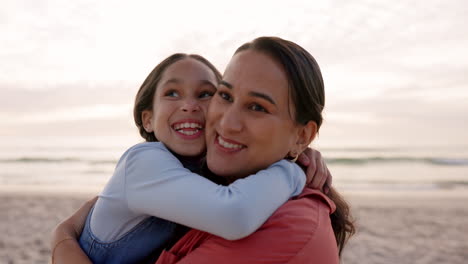 Mother,-child-and-hug-outdoor-at-beach-on-family