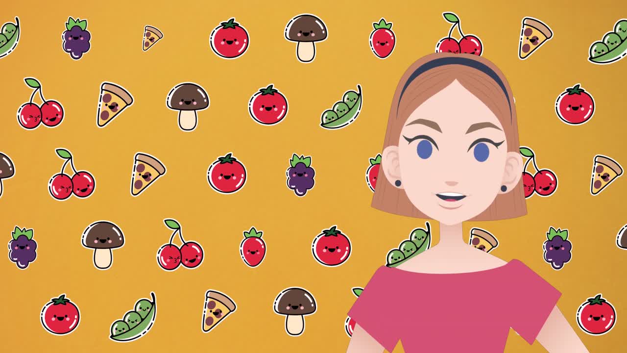 Animazione di una donna che parla sopra icone di cibo