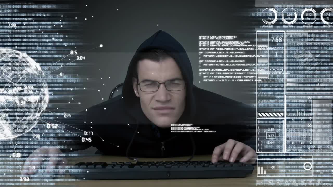 Animation of data processing and globe over caucasian male hacker