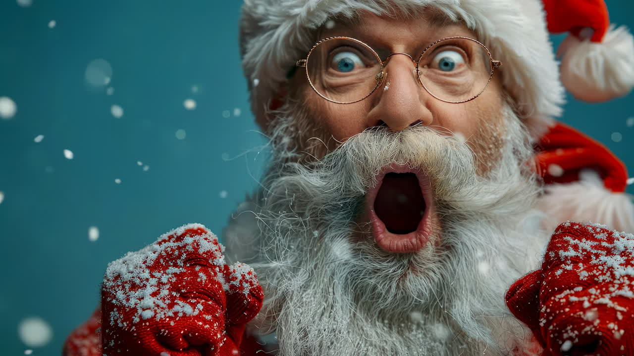 Joyful Santa celebrates Xmas!. A joyful Santa Claus is expressing excitement while surrounded by falling snow. He wears a traditional red suit and hat