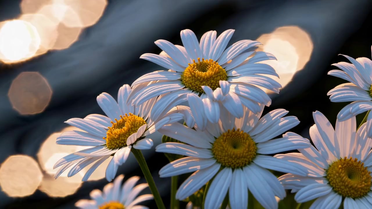 Fiori di margherita bianchi che sbocciano su sfondo di acqua scintillante