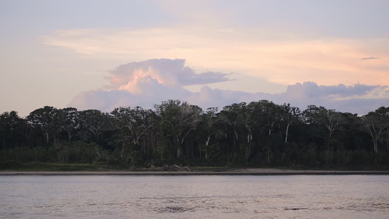 Amazon river flowing through the peruvian rainforest, at sunset