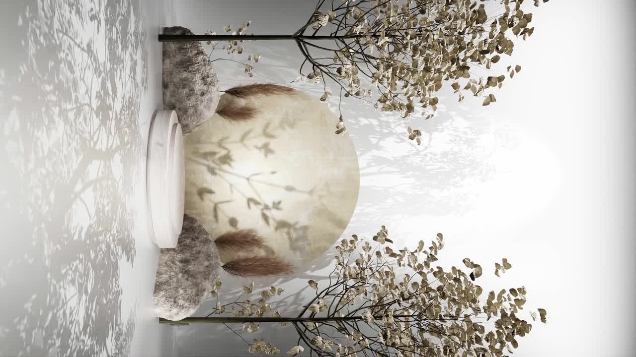 diseño de stand de exhibición de productos forestales verticales con sombra de hojas de árboles en animación de renderización 3d, sitio web de comercio electrónico descuento de venta para productos naturales fondo gris