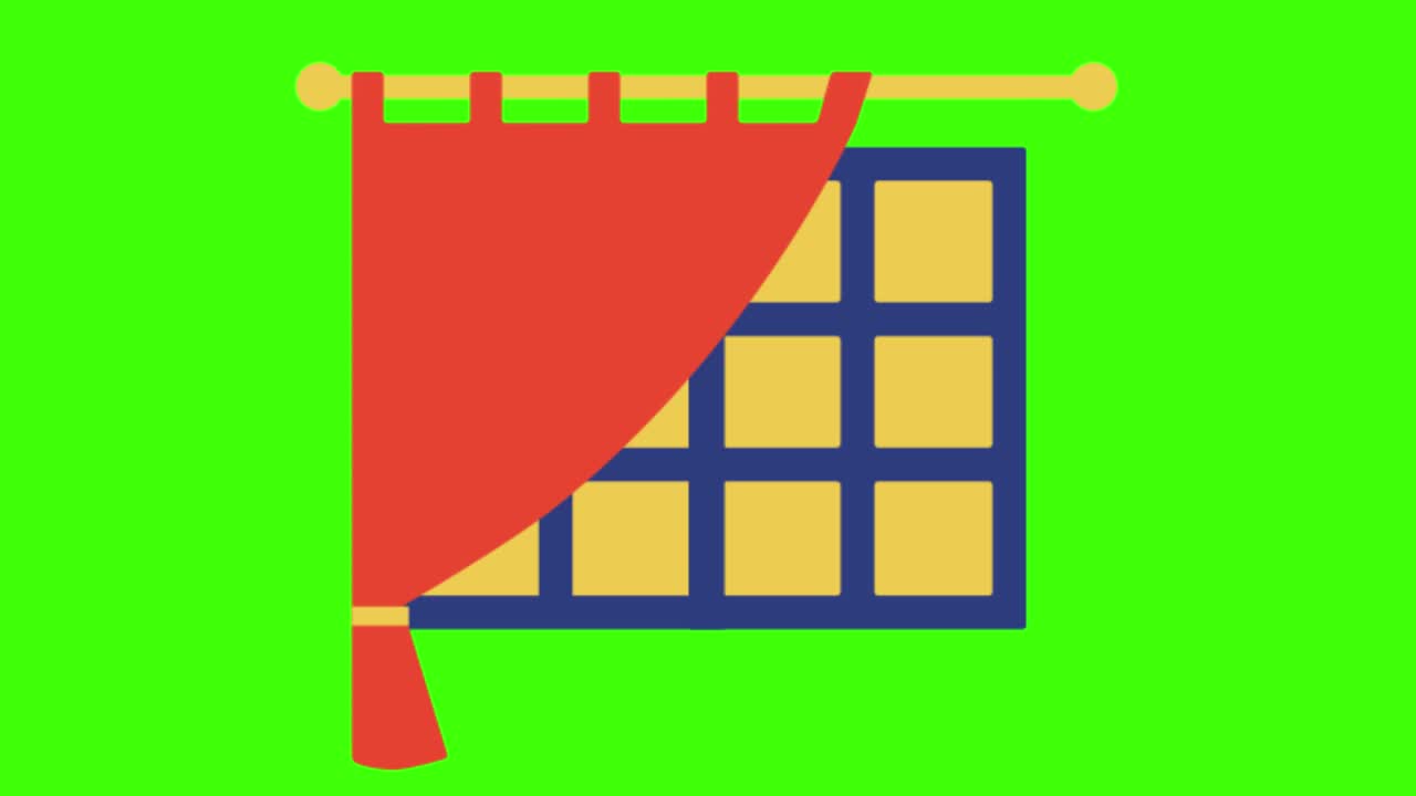 2D animated illustration of a window with a red curtain on a green screen
