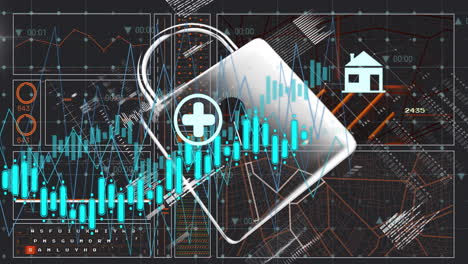 animación de procesamiento de datos digitales con icono de candado sobre servidores de computadoras