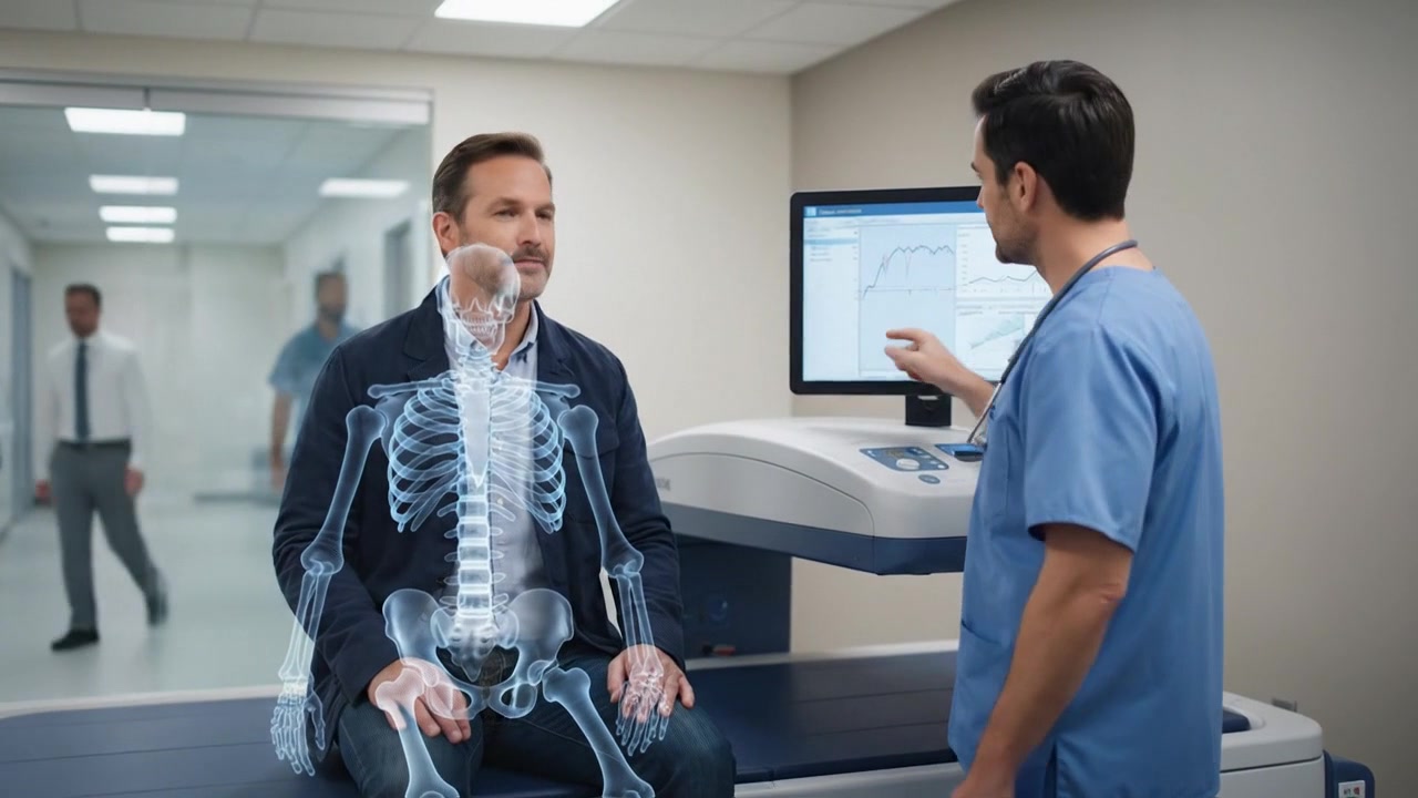 Male patient discussing scan results with a medical specialist during a realistic clinical healthcare procedure