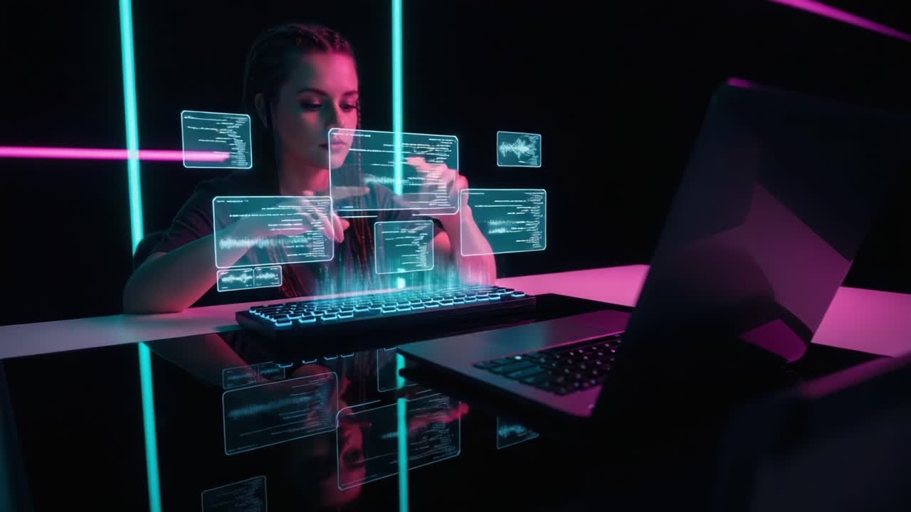A digital wizardry scene where a young woman interacts with holographic interfaces, manipulating code and data while focused on her futuristic laptop in a vibrant, neon-lit environment