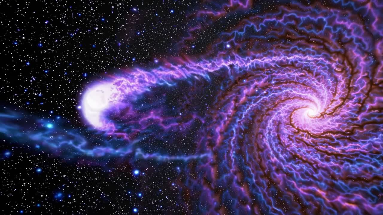 A cosmic spiral galaxy with vibrant purple and blue swirls, captured from a top-down angle