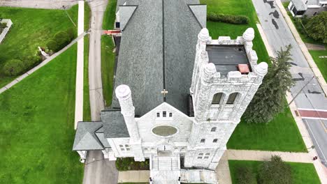 pushing forward from a high angle aerial