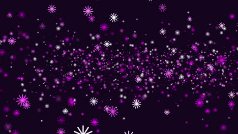 A stylish depiction of falling snowflakes in purple and white against a black backdrop. The delicate pattern conveys a serene winter ambiance