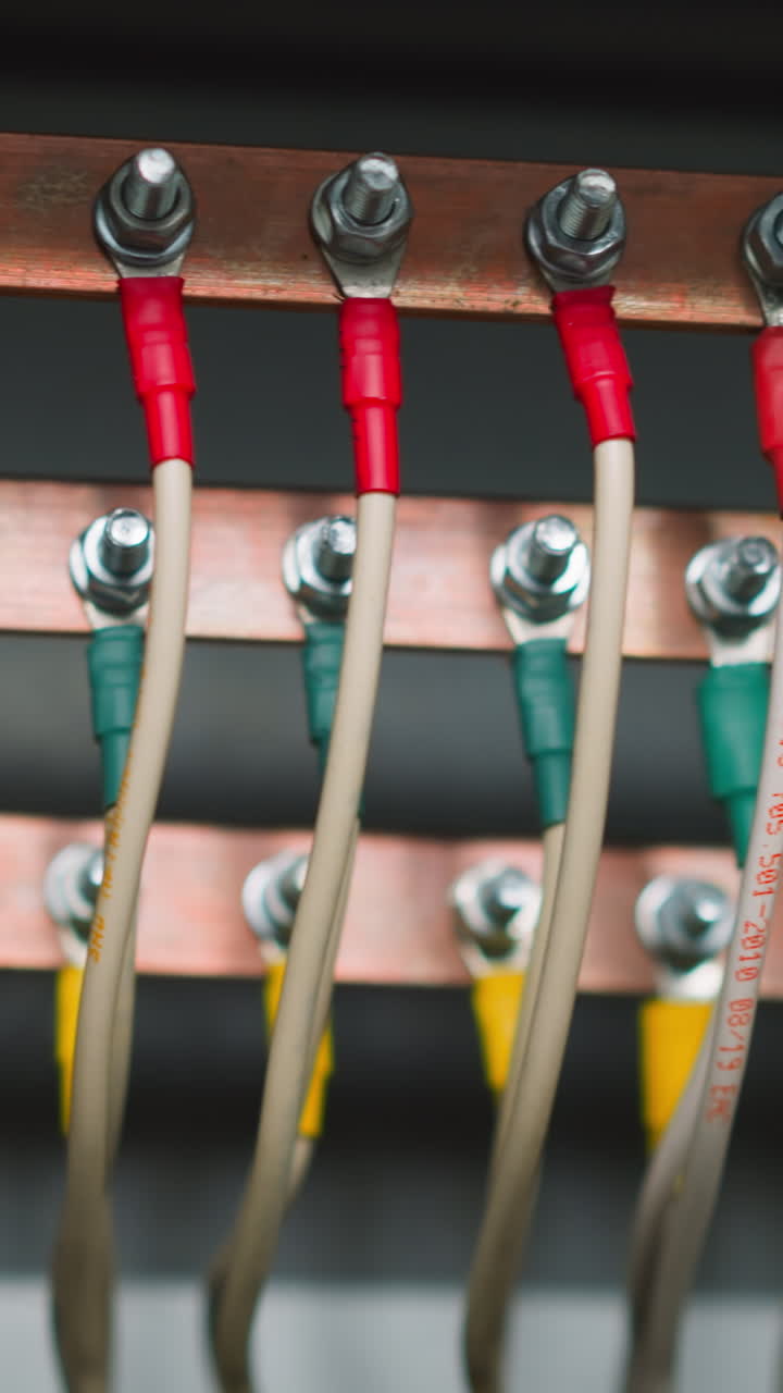 Copper earthing bars with connected electrical cables on circuit board closeup. Equipment for easy isolation of wires. Safe switchboard at station