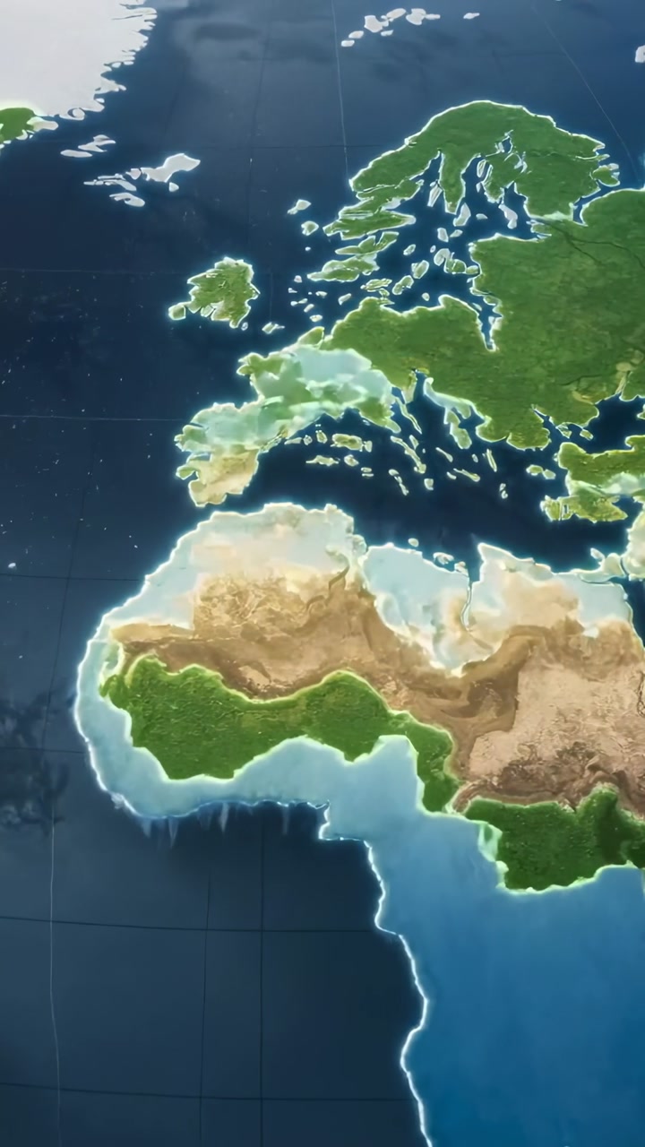 Vertical video: Pinpoint sparking stylized map over Atlantic shifting to true color, glowing edges