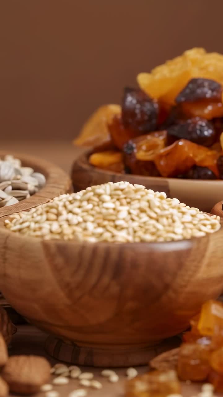 Vertical video: Pushing camera revealing wood bowl of sesame seeds on pedestal, showcasing texture