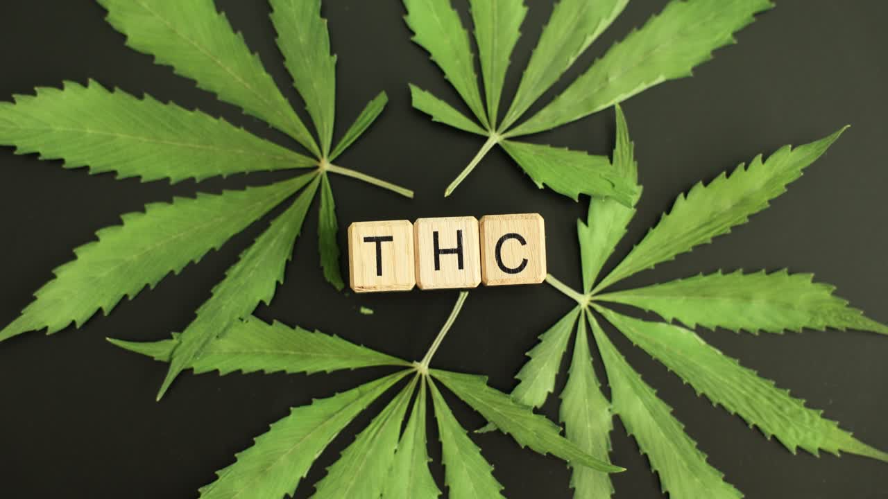 Koyu arka planda THC kısaltması ve taze kenevir yaprakları.