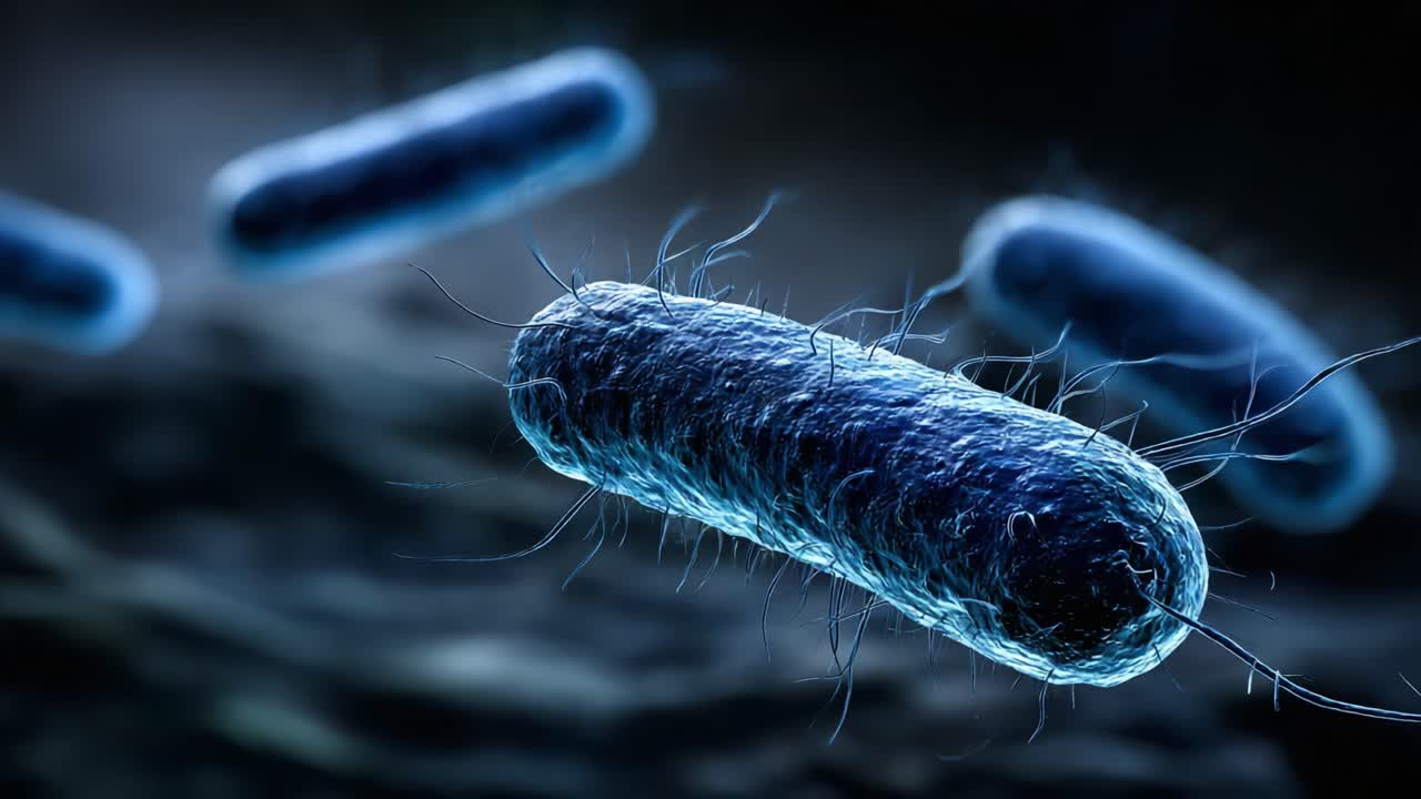 Vista ingrandita di batteri con flagelli: un'esplorazione affascinante di forme di vita microscopiche in movimento, che mostra le loro strutture uniche e il comportamento batterico.