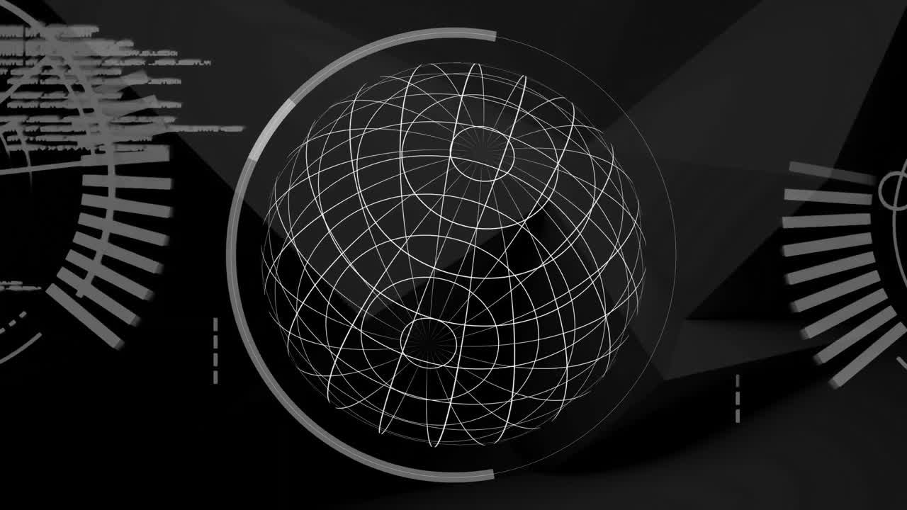 Animation of globe spinning scope scanning data processing and statistics recording on black backgro