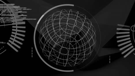 animación del globo giratorio de escaneo de alcance procesamiento de datos y registro de estadísticas en fondo negro