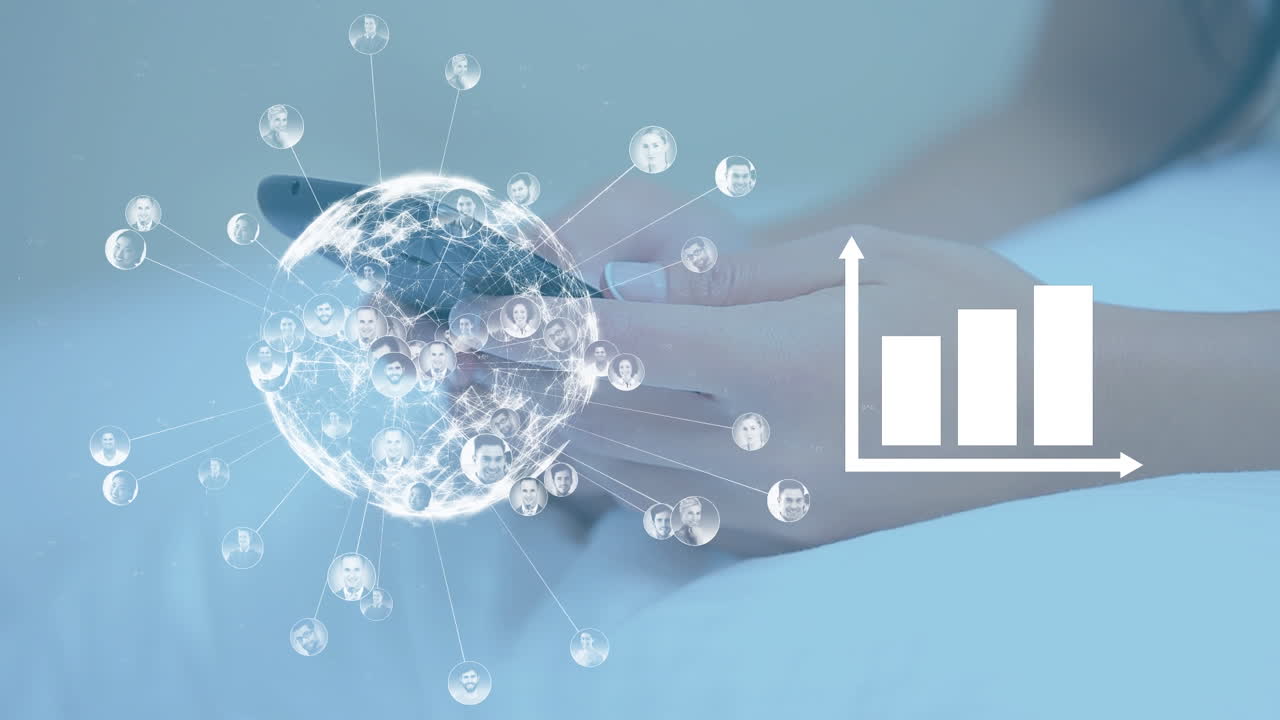 스마트폰을 사용하는 백인 여성에 대한 지구와 그래프의 애니메이션