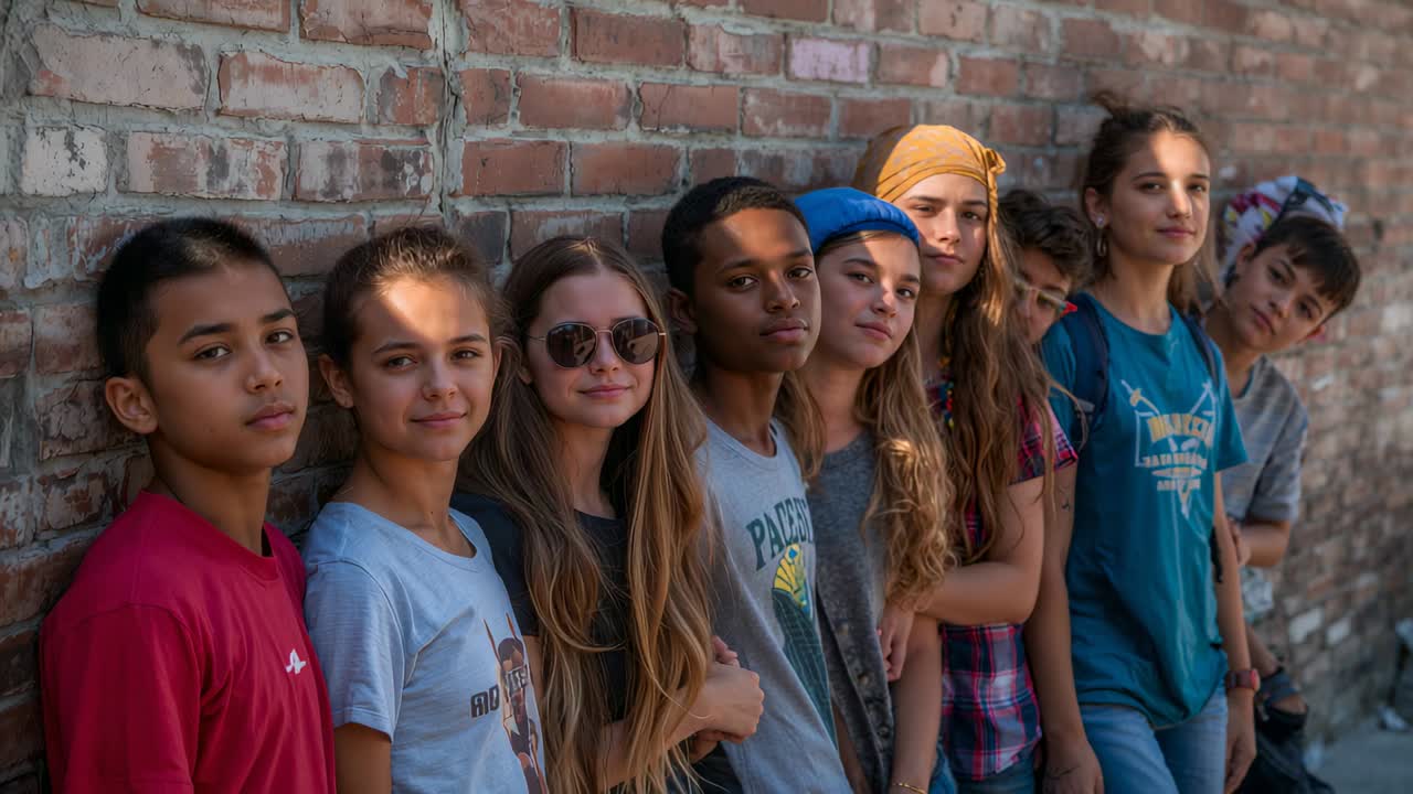 Ripresa panoramica con camera che rivela adolescenti appoggiati al muro di un vicolo di mattoni, che posano per la camera con un foulard