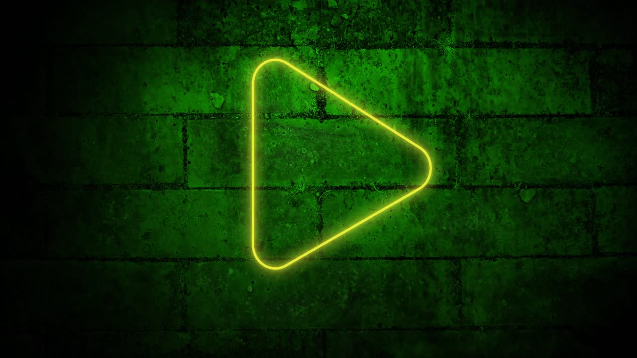 animación del icono del botón de reproducción de neón brillante en la pared de ladrillo