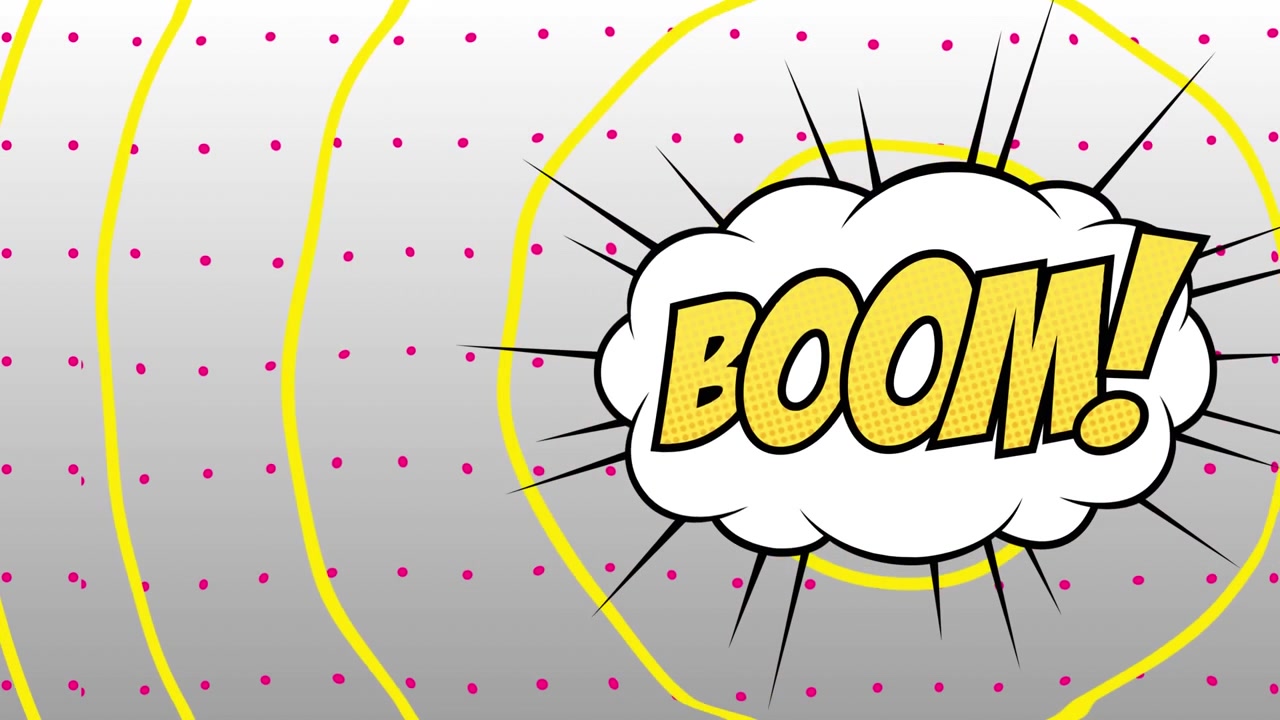 灰色の背景に、黄色い円とピンクの点を伴う爆発の雲の中の「boom」のテキストアニメーション