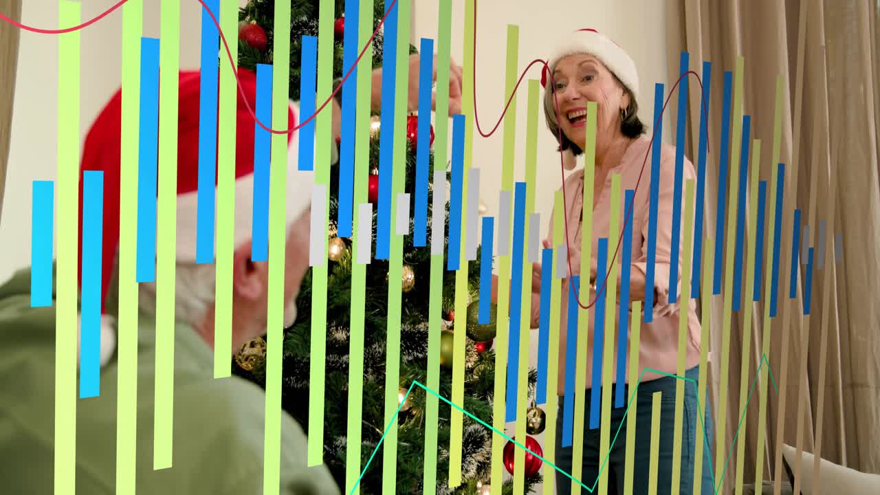 Senior couple opening box, holiday decor, hanging red gold baubles, overlay bars obscuring couple