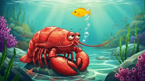 a curious lobster explores the underwater world, surrounded by vibrant coral and curious companions in a colorful marine environment