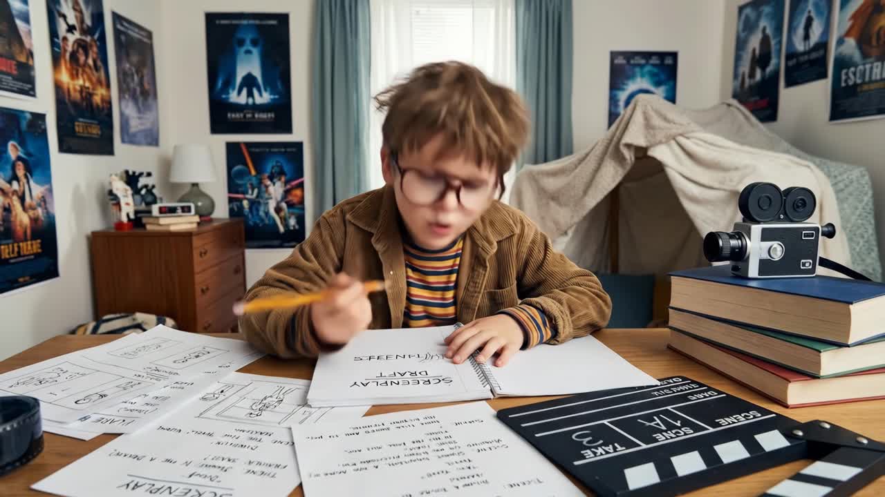 Creative Young Boy Writing a Film Script at His Desk