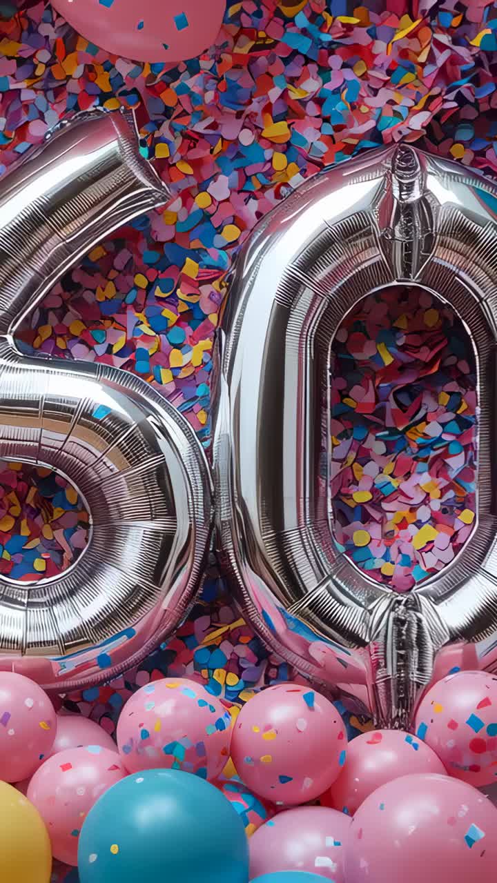 Vertical video: Camera panning right showing silver 60 balloons on confetti with pink teal cluster